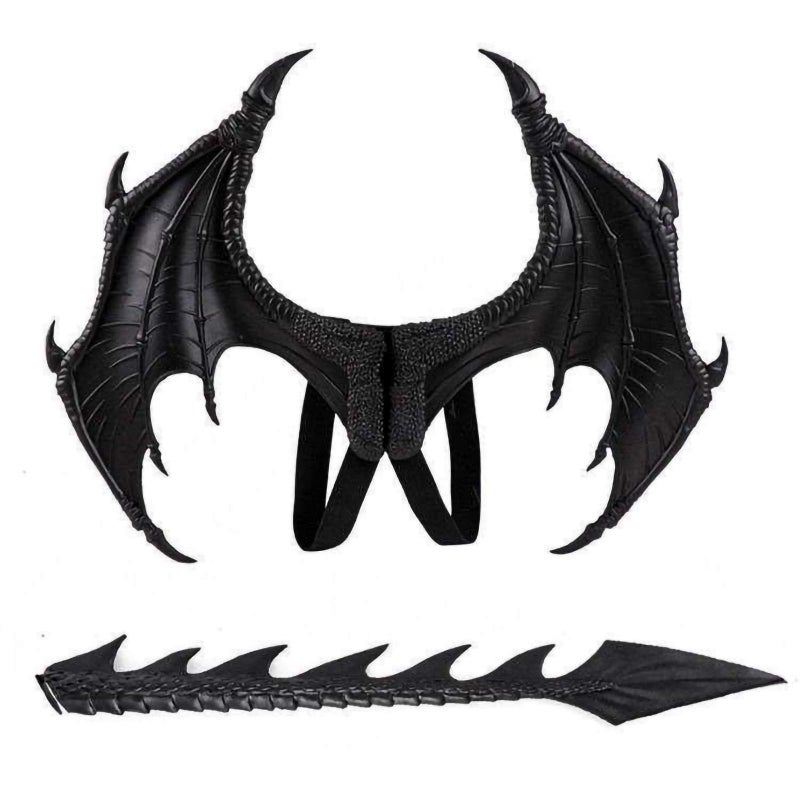 MANO Halloween Dragon Costume Cosplay Carnival Wings Tail Accessoryï¼ˆBlackï¼‰ - Image 1